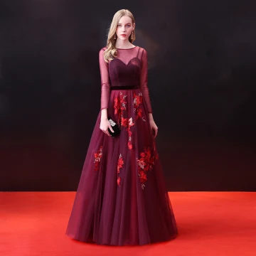 Chic Beautiful Burgundy Prom Dresses 2018 A Line Princess Appliques Sash Scoop Neck Long Sleeve Ankle Length Formal Dresses