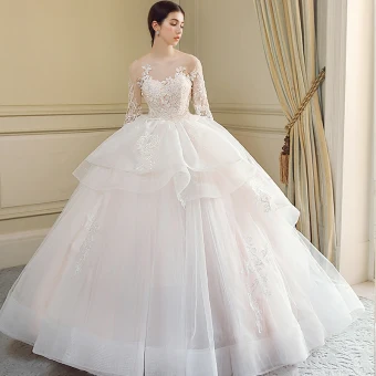 Chic Beautiful Cascading Ruffles Wedding Dresses 2018 Ball Gown Lace Appliques Embroidered Scoop Neck Backless 3 4 Sleeve Royal Train Wedding