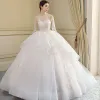 Chic / Beautiful Cascading Ruffles Wedding Dresses 2018 Ball Gown Lace Appliques Embroidered Scoop Neck Backless 3/4 Sleeve Royal Train Wedding