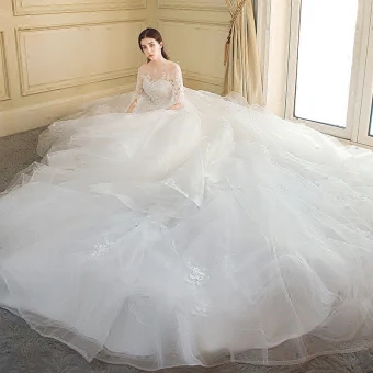 Chic Beautiful Ivory Cascading Ruffles Wedding Dresses 2018 Ball Gown Lace Appliques Embroidered Scoop Neck Backless 1 2 Sleeves Royal Train Wedding
