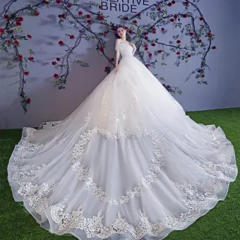 Stunning Ivoor Trouwjurken 2018 Baljurk Kant Appliques Parel Uit De Schouder Ruglooze Mouwloos Royal Train Huwelijk