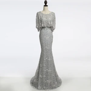 Chic Beautiful Grey Evening Dresses 2018 Trumpet Mermaid Beading Scoop Neck 1 2 Sleeves Sweep Train Formal Dresses