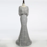 Hermoso Gris Vestidos de noche 2018 Trumpet / Mermaid Rebordear Scoop Escote 1/2 Ærmer Colas De Barrido Vestidos Formales