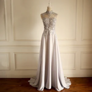 Chic Beautiful Chinese Style Grey Evening Dresses 2018 A Line Princess Lace Flower Beading Crystal Sequins High Neck Backless Sleeveless Sweep Train