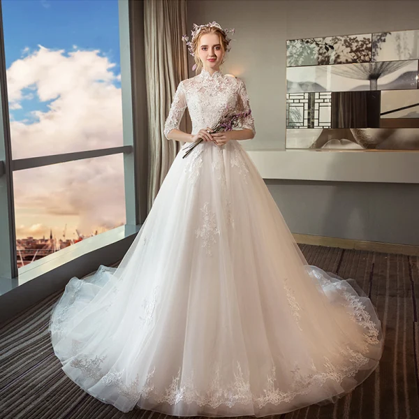 high neck backless wedding dresses Lace Scalloped Neck Basque Waist A-Line Wedding Dress main image 0