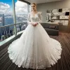 Chic / Beautiful White Wedding Dresses 2018 Ball Gown Lace Appliques Crystal Beading V-Neck Backless Long Sleeve Cathedral Train Wedding