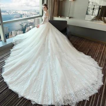 Mooie Prachtige Witte Trouwjurken 2018 Baljurk Kant Appliques Parel Ronde Hals Ruglooze 1 2 Mouwen Royal Train Huwelijk