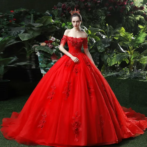 Chic / Beautiful Red Wedding Dresses 2018 Ball Gown Appliques Beading ...