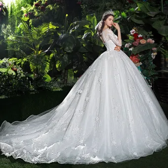 Chic Belle Blanche Robe De Mariée 2018 Robe Boule En Dentelle Fleur Appliques Encolure Dégagée Dos Nu Cathedral Train 3 4 Manches Mariage