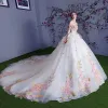 Chic / Beautiful Multi-Colors Wedding Dresses 2018 Ball Gown Appliques Crystal Off-The-Shoulder Backless Sleeveless Royal Train Wedding