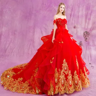 Chic Belle Rouge Doré Volants En Cascade Robe De Mariée 2018 Robe Boule Appliques En Dentelle Cristal De L Épaule Dos Nu Sans Manches Cathedral Train Mariage