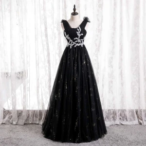 Chic Beautiful Black Prom Dresses 2021 A Line Princess V Neck Ruffle Rhinestone Sequins Floor Length Long Sleeveless Backless Formal Dresses