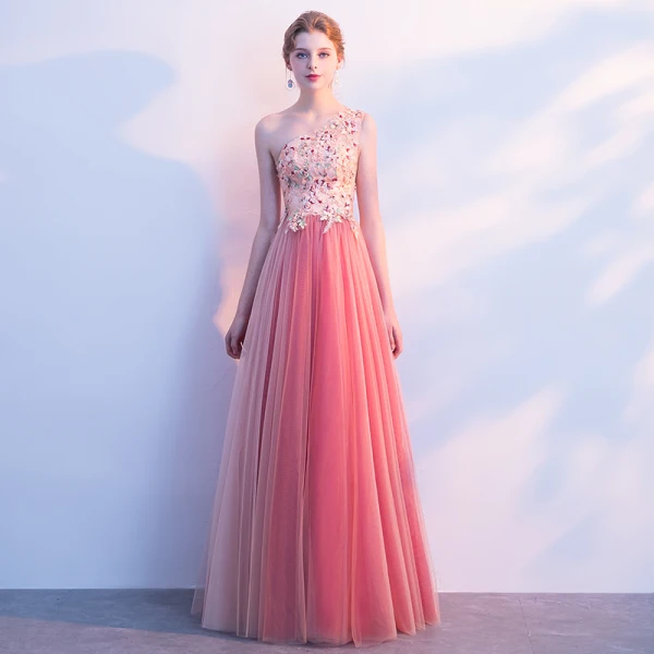 watermelon color formal dress A-line V neck Watermelon Prom Dress With Lace Prom Gowns PSK216 US6 / Custom Color