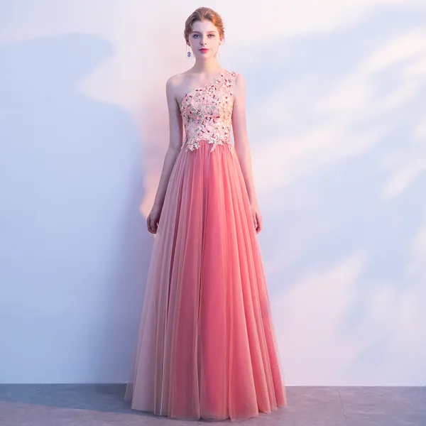 Chic / Beautiful Watermelon Prom Dresses 2018 A-Line / Princess Lace Appliques Pearl One-Shoulder Backless Sleeveless Floor-Length / Long Formal Dresses