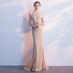 Luxury Gorgeous Champagne Evening Dresses 2018 Trumpet Mermaid Rhinestone Scoop Neck Sleeveless Sweep Train Formal Dresses