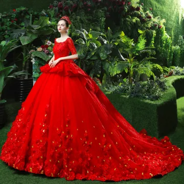 Chic Belle Rouge Robe De Mariée 2018 Robe Boule Perlage Appliques Perle Paillettes Encolure Carrée Dos Nu Manches Courtes Cathedral Train Mariage