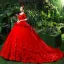 Schöne Rot Brautkleider 2018 Ballkleid Perlenstickerei Applikationen Perle Pailletten Eckiger Ausschnitt Rückenfreies Kurze Ärmel Kathedrale Schleppe Hochzeit