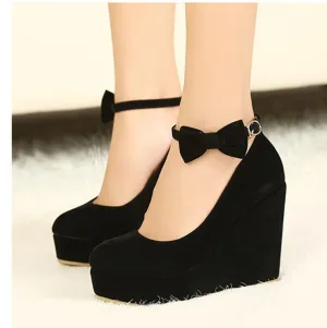 Modest Simple Black Casual Womens Shoes 2018 Suede Round Toe 10 Cm Wedges