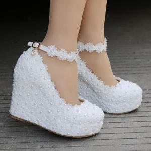 Modern Fashion White Wedding Shoes 2018 Lace Pearl Ankle Strap 10 Cm Wedges Round Toe Wedding