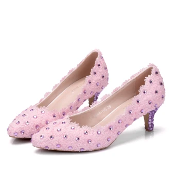 Lovely Candy Pink Wedding Shoes 2018 Lace Rhinestone 5 Cm Stiletto Heels Pointed Toe Wedding Pumps