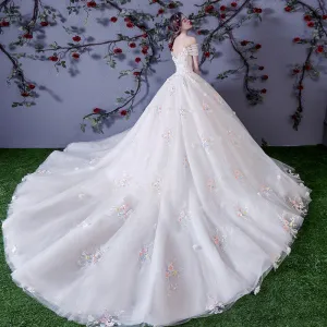 Chic Beautiful White Wedding Dresses 2018 Ball Gown Multi Colors Appliques Pearl Off The Shoulder Backless Sleeveless Cathedral Train Wedding