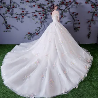 Chic Beautiful White Wedding Dresses 2018 Ball Gown Multi Colors Appliques Pearl Off The Shoulder Backless Sleeveless Cathedral Train Wedding