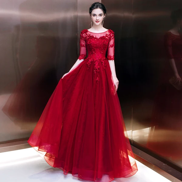 Chic / Beautiful Burgundy Prom Dresses 2018 A-Line / Princess Lace Appliques Beading Sequins Scoop Neck Backless 1/2 Sleeves Floor-Length / Long