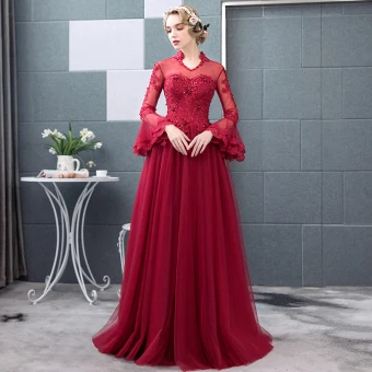Chic Belle Bordeaux Robe De Bal 2018 Princesse En Dentelle Appliques Perlage Cristal Encolure Dégagée Dos Nu Manches Longues Longue Robe De Ceremonie