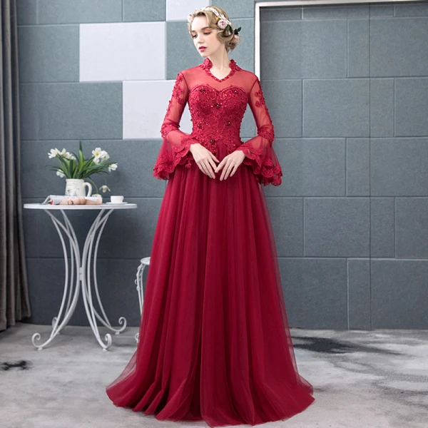 Chic / Beautiful Burgundy Prom Dresses 2018 A-Line / Princess Lace Appliques Beading Crystal Scoop Neck Backless Long Sleeve Floor-Length / Long