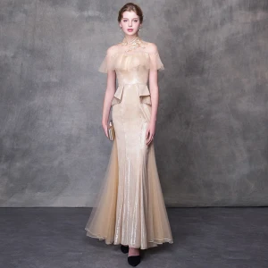 Chic Belle Robe De Soirée 2018 Trompette Sirène Appliques Cristal Col Haut Dos Nu Manches Courtes Longue Robe De Ceremonie