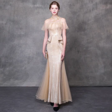 Chic Belle Robe De Soirée 2018 Trompette Sirène Appliques Cristal Col Haut Dos Nu Manches Courtes Longue Robe De Ceremonie