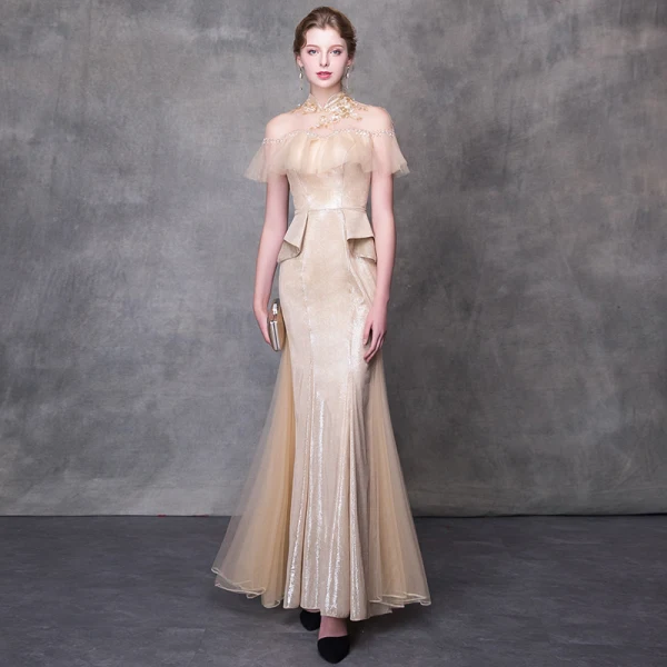 Chic / Belle Robe De Soirée 2018 Trompette / Sirène Appliques Cristal Col Haut Dos Nu Manches Courtes Longue Robe De Ceremonie