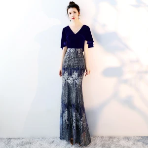 Chic Belle Bleu Marine Robe De Soirée 2018 Trompette Sirène Glitter V Cou Manches Courtes Longue Robe De Ceremonie