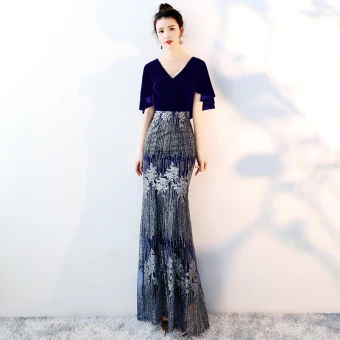 Chic Belle Bleu Marine Robe De Soirée 2018 Trompette Sirène Glitter V Cou Manches Courtes Longue Robe De Ceremonie