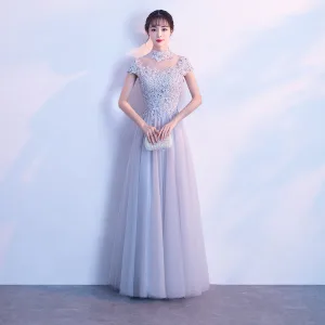 Chinese Style Grey Evening Dresses 2018 A Line Princess Lace Appliques Beading High Neck Short Sleeve Floor Length Long Formal Dresses