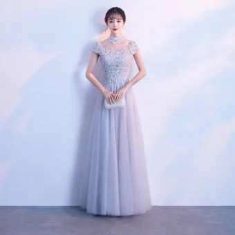 Style Chinois Gris Robe De Soirée 2018 Princesse En Dentelle Appliques Perlage Col Haut Manches Courtes Longue Robe De Ceremonie