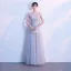 Chinese style Grey Evening Dresses  2018 A-Line / Princess Lace Appliques Beading High Neck Short Sleeve Floor-Length / Long Formal Dresses
