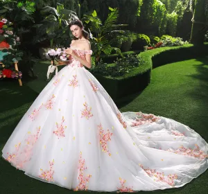 Chic Beautiful White Wedding Dresses 2018 Ball Gown Appliques Pearl Pink Flower Crystal Pearl Sequins Off The Shoulder Backless Sleeveless Cathedral Train Wedding