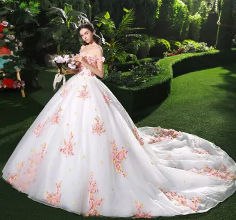 Chic Beautiful White Wedding Dresses 2018 Ball Gown Appliques Pearl Pink Flower Crystal Pearl Sequins Off The Shoulder Backless Sleeveless Cathedral Train Wedding