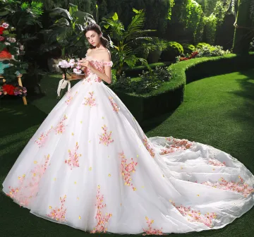 Fine Hvit Brudekjoler 2018 Ballkjole Appliques Perle Rosa Blomst Krystall Perle Paljetter Av Skulderen Ryggløse Uten Ermer Cathedral Train Bryllup