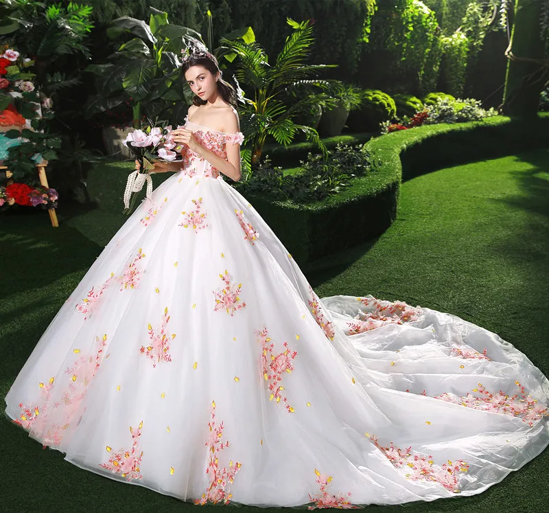 Chic Beautiful White Wedding Dresses 2018 Ball Gown Appliques Pearl Pink  Flower Crystal Pearl Sequins Off The Shoulder Backless Sleeveless Cathedral  Train Wedding
