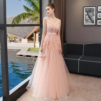 Chic Beautiful Evening Dresses 2018 A Line Princess Lace Appliques Sash V Neck Backless Sleeveless Floor Length Long Formal Dresses
