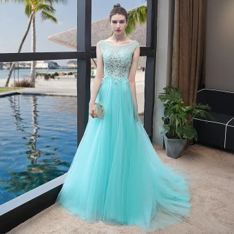 Chic Belle Bleu Robe De Soirée 2018 Princesse En Dentelle Appliques Encolure Dégagée Dos Nu Sans Manches Longue Robe De Ceremonie
