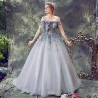 Elegant Lavender Prom Dresses 2018 Ball Gown Appliques Bow Off-The-Shoulder Backless Sleeveless Court Train Formal Dresses