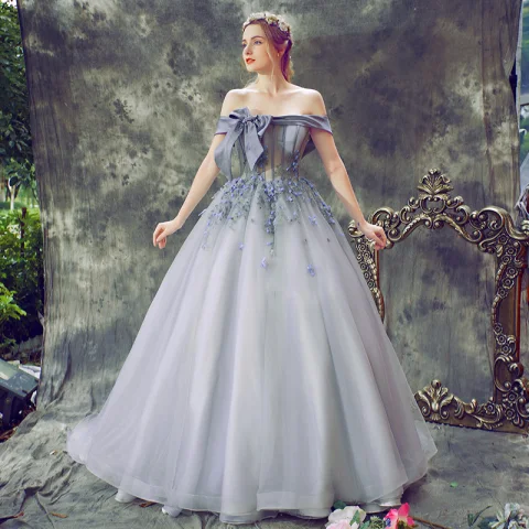 Elegant Lavender Prom Dresses 2018 Ball Gown Appliques Bow Off-The-Shoulder Backless Sleeveless Court Train Formal Dresses