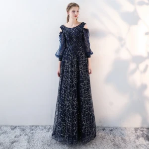 Chic Belle Bleu Marine Robe De Soirée 2018 Princesse Dentelle Appliques Perlage Paillettes Encolure Dégagée Dos Nu Bustier 3 4 Manches Longue Robe De Ceremonie