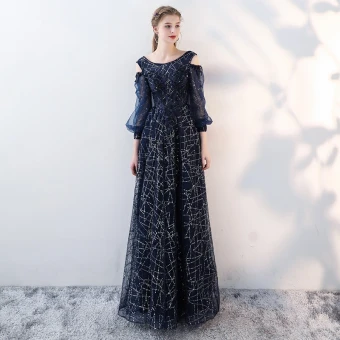 Chic Belle Bleu Marine Robe De Soirée 2018 Princesse Dentelle Appliques Perlage Paillettes Encolure Dégagée Dos Nu Bustier 3 4 Manches Longue Robe De Ceremonie