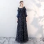Chic / Belle Bleu Marine Robe De Soirée 2018 Princesse Dentelle Appliques Perlage Paillettes Encolure Dégagée Dos Nu Bustier 3/4 Manches Longue Robe De Ceremonie