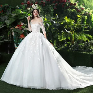 Chic Beautiful White Wedding Dresses 2018 Ball Gown Lace Appliques Pearl Off The Shoulder Backless Short Sleeve Cathedral Train Wedding