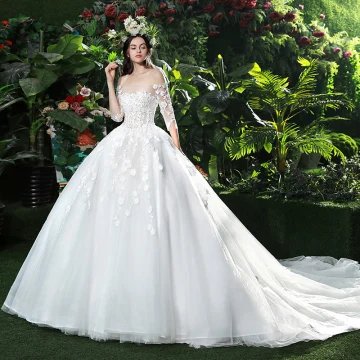 Chic Beautiful White Wedding Dresses 2018 Ball Gown Lace Appliques Pearl Off The Shoulder Backless Short Sleeve Cathedral Train Wedding